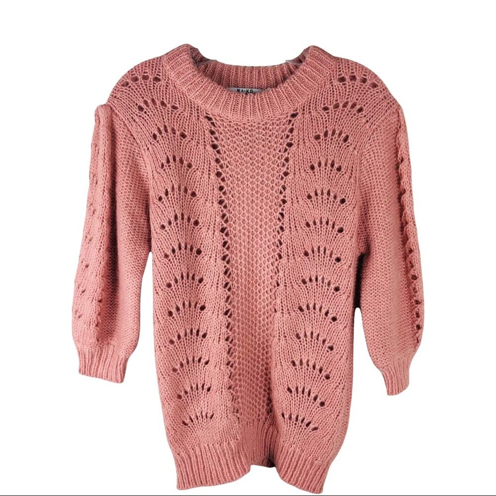 NA-KD pink peach wool alpaca open knit balloon sleeve pullover sweater medium